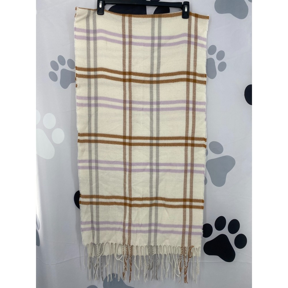 Steve Madden NWT Plaid Fringe Trim Scarf Raw Edge Tassels Ivory Tan Multi OS New